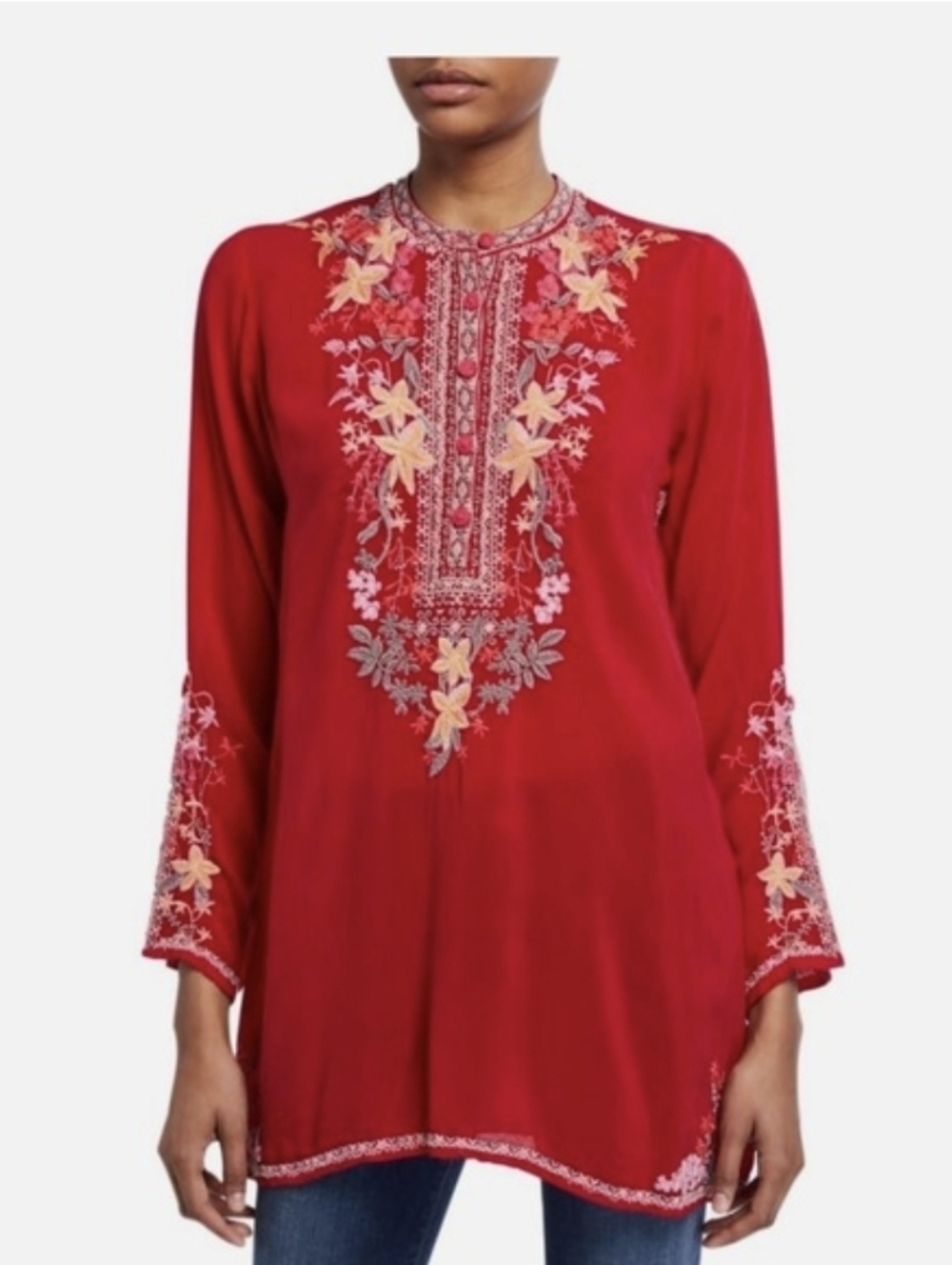 Johnny Was Lilianna  Red Floral Embroidered Tunic Size XS